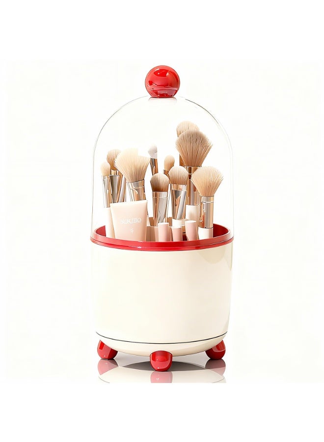 Makeup Brush Holder with Lid, Cosmetic Tools Organizer with Cover, 360° Rotating Sliding Opening Dustproof Brushes Container for Vanity, Ideal Gift for Girlfriend Wife Friends (Red) - Image 1