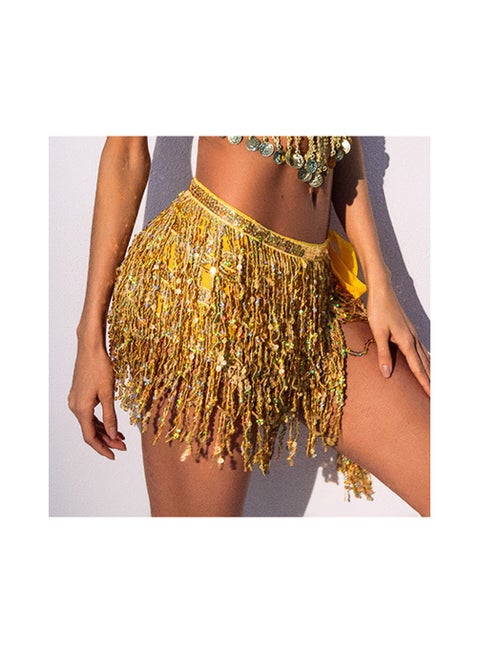 وشاح رقص شرقي نسائي عالي الجودة باللون الأصفر (أربع طبقات)