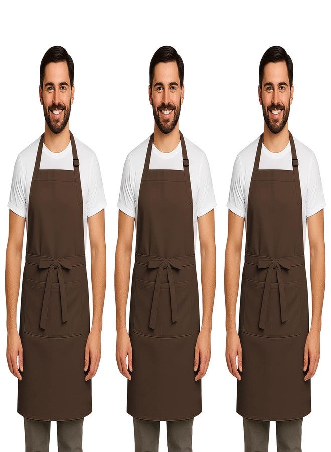 CRASOME Apron for Kitchen | Unisex Cooking Apron with 2 Pockets and Adjustable Straps | Apron for Chef, Hotel, Cafe, Restaurant, Gardening, Workshop (Brown Pack of 3) - Image 1
