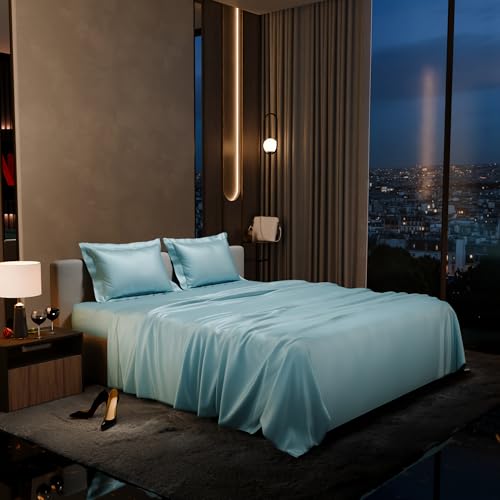 Stoa Paris Satin Bedsheet King Size with 2 Pillow Covers, 300TC Premium Bedsheets King Size, Home Decor, Ultimate Comfort, 274 cm x 228 cm, Date Night - Dreamy Blue - Image 1