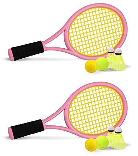 Crefotu Kids Tennis Racket17 Inch Plastic Tennis Racket with 2 Soft Balls2 Tennis Balls and 4 Shuttlecocks for KidToddler OutdoorIndoor Sport Play PinkBlue - Image 1