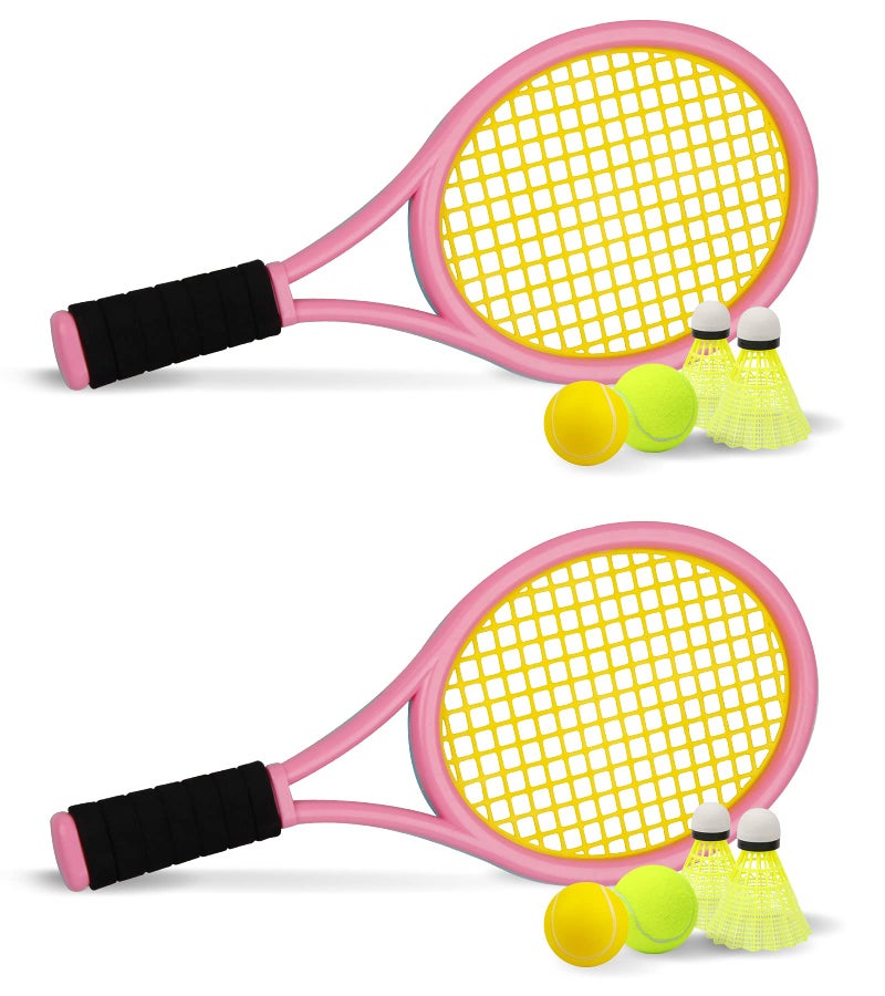Crefotu Kids Tennis Racket17 Inch Plastic Tennis Racket with 2 Soft Balls2 Tennis Balls and 4 Shuttlecocks for KidToddler OutdoorIndoor Sport Play PinkBlue - Image 2