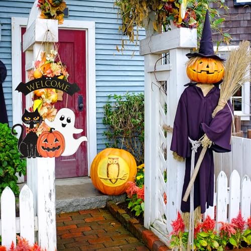 Sophena Halloween Decoration Wooden Ghost Door Halloween Wreath for Front Door Sign Wall Signs Decor, Pumpkin Black Cat Wreaths Sign Hanging for Home Wall Decor Outdoor Indoor Farmhouse Party Supply - Image 2