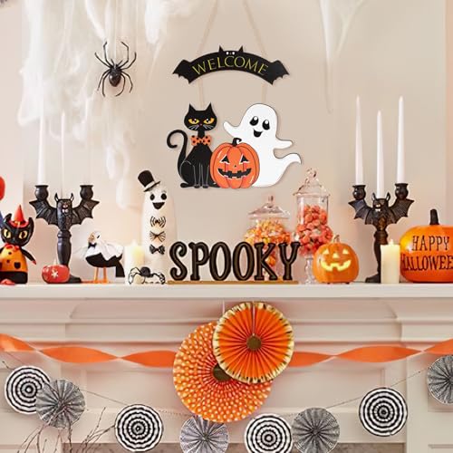 Sophena Halloween Decoration Wooden Ghost Door Halloween Wreath for Front Door Sign Wall Signs Decor, Pumpkin Black Cat Wreaths Sign Hanging for Home Wall Decor Outdoor Indoor Farmhouse Party Supply - Image 4