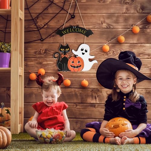 Sophena Halloween Decoration Wooden Ghost Door Halloween Wreath for Front Door Sign Wall Signs Decor, Pumpkin Black Cat Wreaths Sign Hanging for Home Wall Decor Outdoor Indoor Farmhouse Party Supply - Image 3