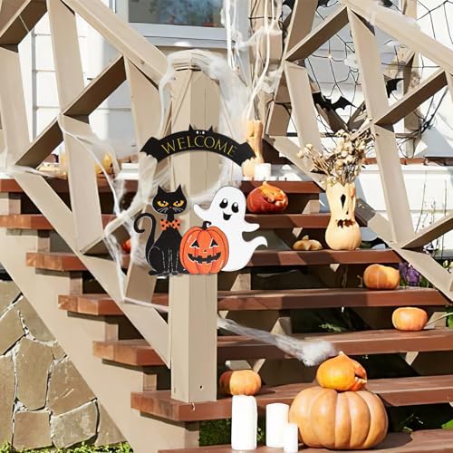 Sophena Halloween Decoration Wooden Ghost Door Halloween Wreath for Front Door Sign Wall Signs Decor, Pumpkin Black Cat Wreaths Sign Hanging for Home Wall Decor Outdoor Indoor Farmhouse Party Supply - Image 5