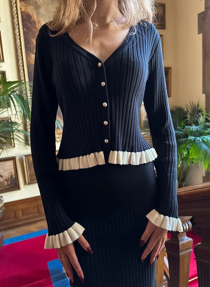 Lichi Rib-knit cardigan with contrasting ruffles