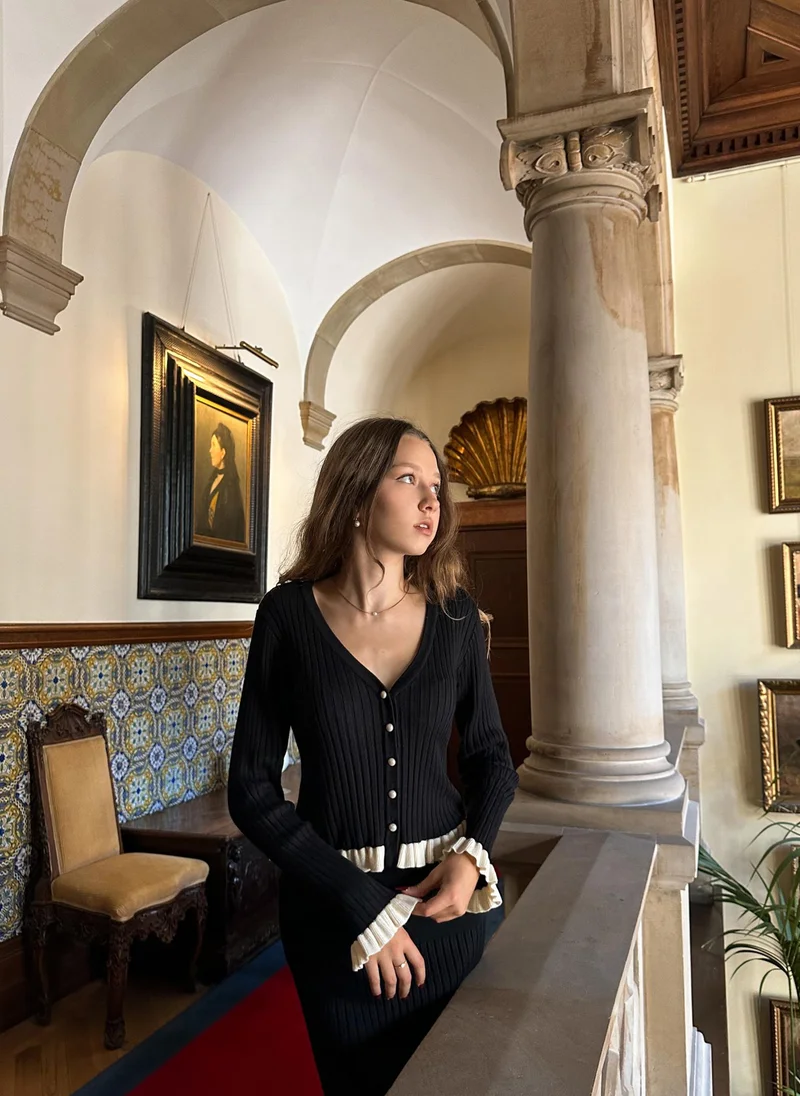Lichi  Rib-knit cardigan with contrasting ruffles for Women | Best Price UAE