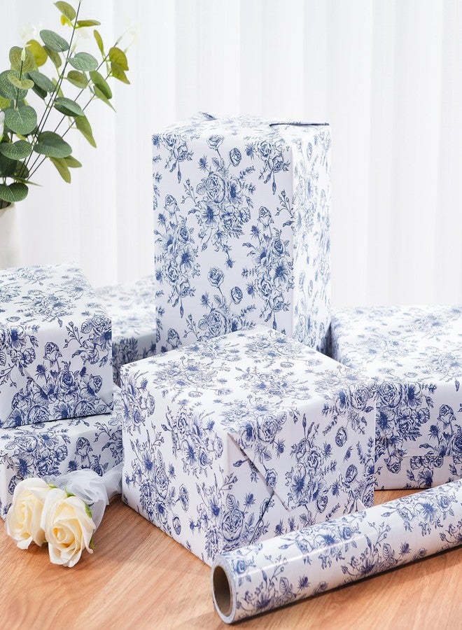 Ulmasinn Blue Floral Wrapping Paper Roll - 17 Inches x 33 Feet - Vintage Toile Blue Floral Design with Cut Lines for Upscale Gifts, Birthday, Valentine's Day, Wedding, Mother’s Day - Image 4