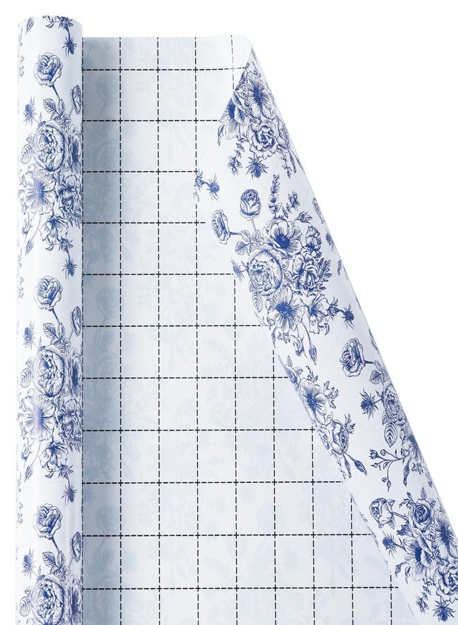 Ulmasinn Blue Floral Wrapping Paper Roll - 17 Inches x 33 Feet - Vintage Toile Blue Floral Design with Cut Lines for Upscale Gifts, Birthday, Valentine's Day, Wedding, Mother’s Day - Image 2