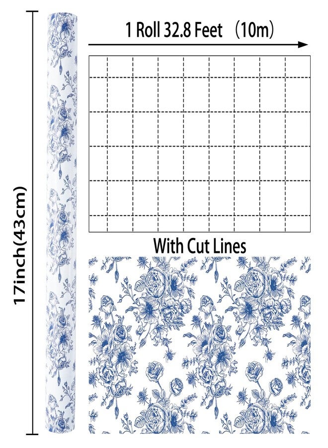 Ulmasinn Blue Floral Wrapping Paper Roll - 17 Inches x 33 Feet - Vintage Toile Blue Floral Design with Cut Lines for Upscale Gifts, Birthday, Valentine's Day, Wedding, Mother’s Day - Image 3