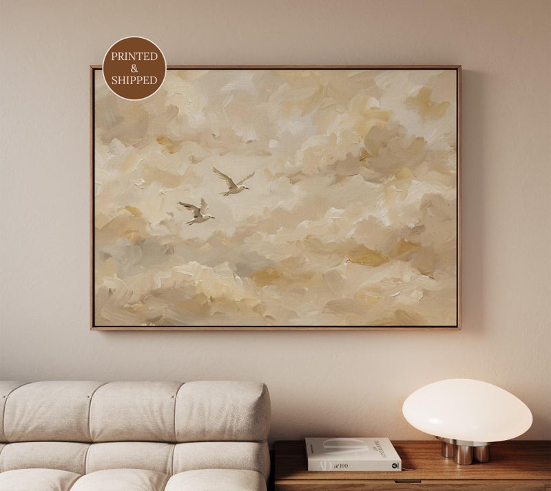 TNESSENTIAL Bird Cloud Wall Art, Above Bed Beige Canvas, Framed Japandi Bird Art for Neutral Bedroom, Statement Wall Decor - Image 1