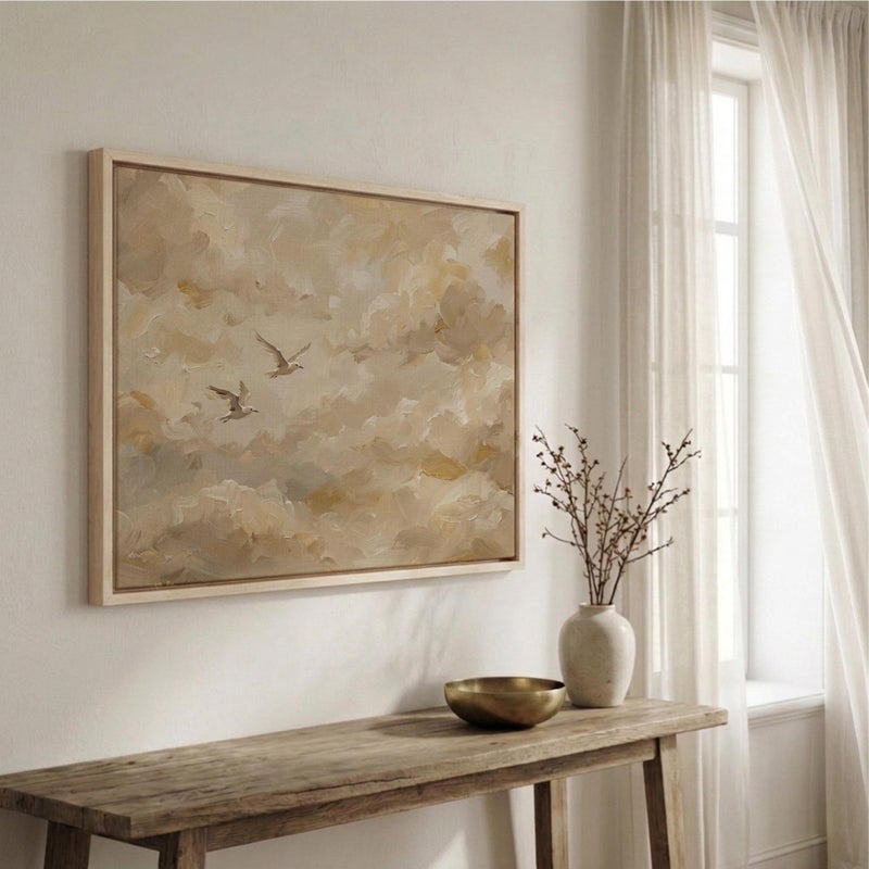 TNESSENTIAL Bird Cloud Wall Art, Above Bed Beige Canvas, Framed Japandi Bird Art for Neutral Bedroom, Statement Wall Decor - Image 2