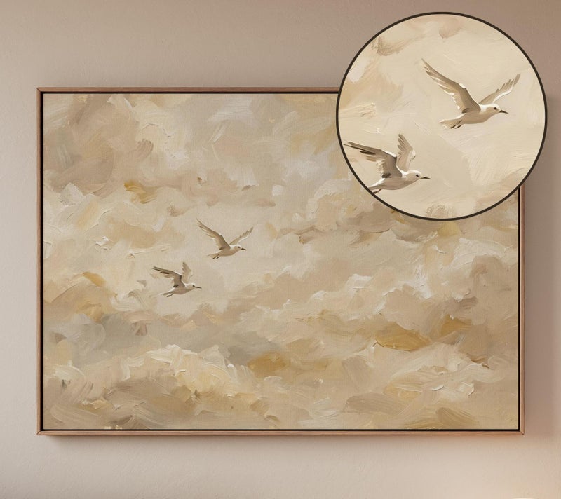 TNESSENTIAL Bird Cloud Wall Art, Above Bed Beige Canvas, Framed Japandi Bird Art for Neutral Bedroom, Statement Wall Decor - Image 5