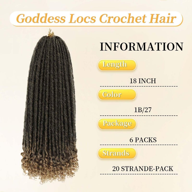MODERN QUEEN Goddess Locs Crochet Hair 6 Packs 18 Inch Straight Faux Locs Crochet Hair for Black Women, Crochet Pre-Looped Curly Hair Soft Faux Locs Synthetic Braiding Hair Extensions (18 Inch, 6 Packs, 1B-27#) - Image 2