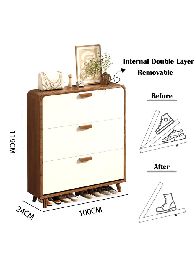 خزانة أحذية ضيقة، خزانة تخزين خشبية مع 3 أدراج قابلة للطي وأرجل خشبية صلبة لمنظم الأحذية، رف أحذية نحيف قابل للطي لمدخل المنزل، موفر للمساحة، XG029 (بني مع أبيض) - Image 2