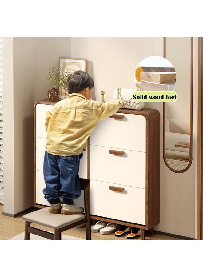 خزانة أحذية ضيقة، خزانة تخزين خشبية مع 3 أدراج قابلة للطي وأرجل خشبية صلبة لمنظم الأحذية، رف أحذية نحيف قابل للطي لمدخل المنزل، موفر للمساحة، XG029 (بني مع أبيض) - Image 3