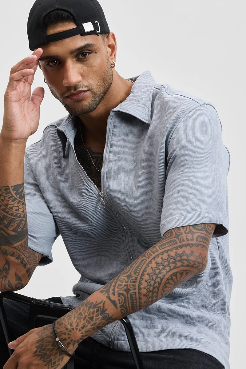 SNITCH Light Grey Light Grey Textured Half Sleeve Oversized Casual Shirt for Men | Best Price UAE