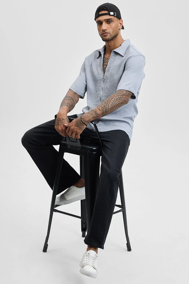 سنيتش Light Grey Textured Half Sleeve Oversized Casual Shirt
