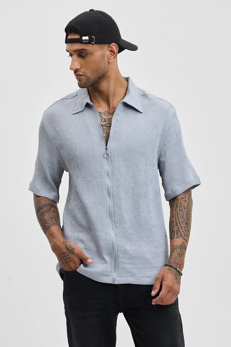 سنيتش Light Grey Textured Half Sleeve Oversized Casual Shirt