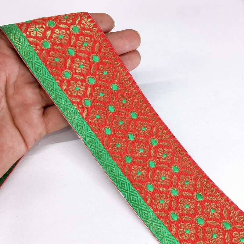 Lami 9 Meter Red Green Jacquard Lace, Lace for Banarasi Saree Border - Image 5