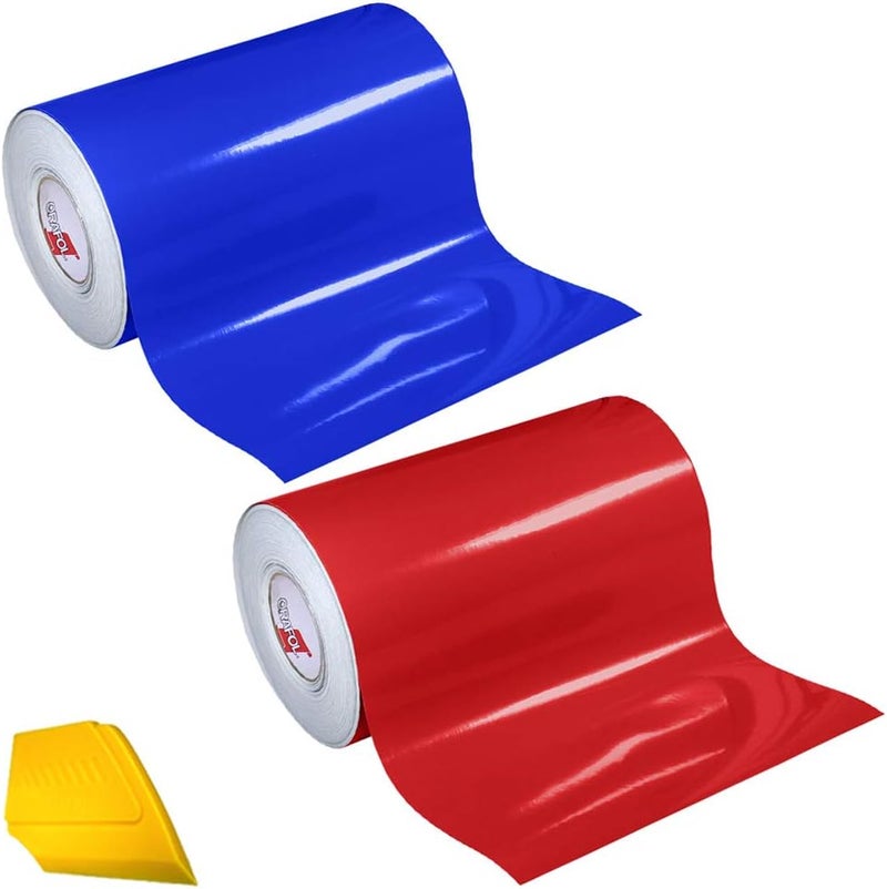 651 2 Color Combo Pack Adhesive Craft Vinyl 12 Inches x 3 Feet Roll Bundle Including Hard Yellow Detailer Squeegee (Red/Brilliant Blue)