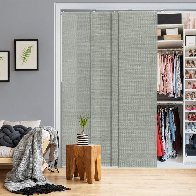 ADJUSTABLE SLIDING CLOSET DOOR BLINDS 458 86 W X 96 H EXTENDABLE PANEL TRACK VERTICAL BLINDS FOR SLIDING DOORS SHIMMERING TRIMMABLE FABRIC PANEL CURTAINS SEMISHEER MOONSTONE
