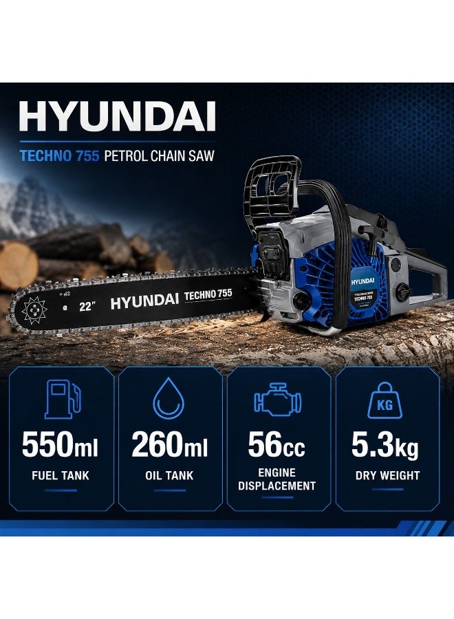HYUNDAI Petrol Chainsaw Hyundai TECHNO 755 56cc 2.3kW 22 Inch Guide Bar 11000 RPM Heavy Duty Gasoline Chain Saw for Large Logs Wood Cutting Forestry and Agriculture - Image 2