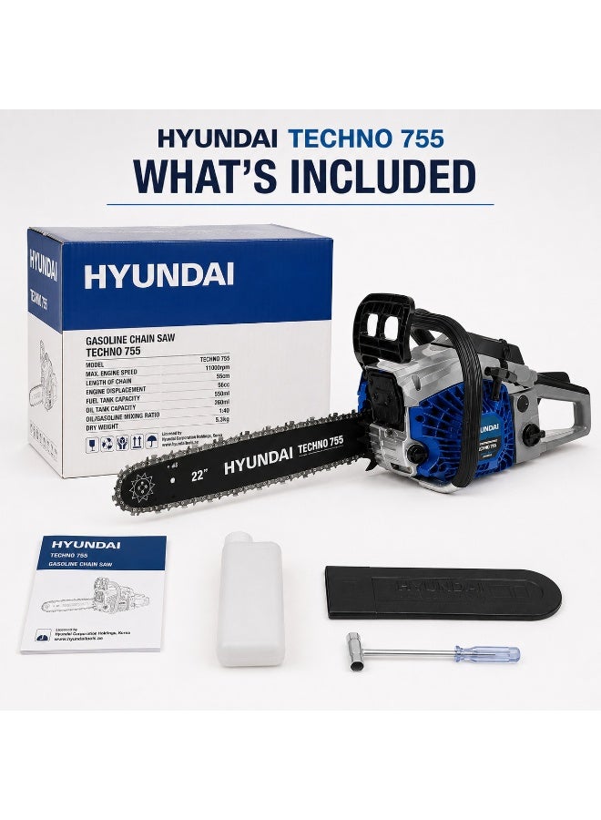HYUNDAI Petrol Chainsaw Hyundai TECHNO 755 56cc 2.3kW 22 Inch Guide Bar 11000 RPM Heavy Duty Gasoline Chain Saw for Large Logs Wood Cutting Forestry and Agriculture - Image 3