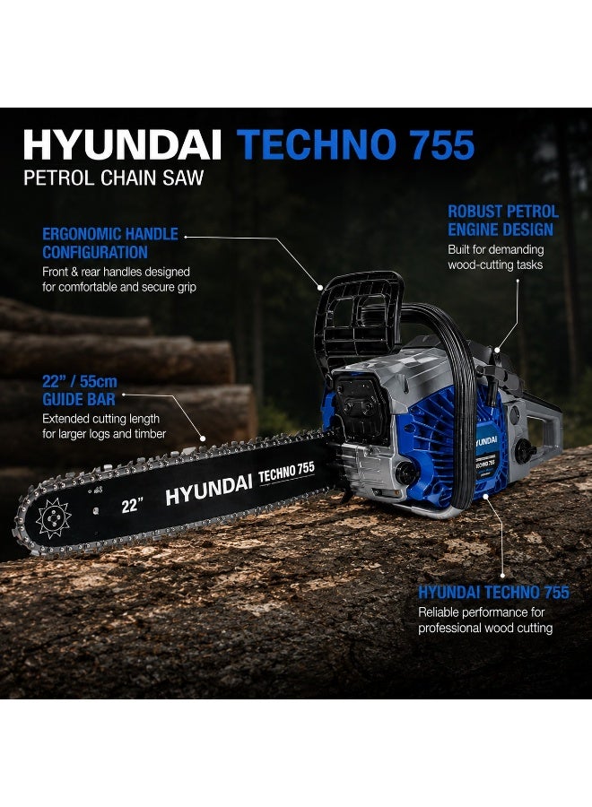 HYUNDAI Petrol Chainsaw Hyundai TECHNO 755 56cc 2.3kW 22 Inch Guide Bar 11000 RPM Heavy Duty Gasoline Chain Saw for Large Logs Wood Cutting Forestry and Agriculture - Image 4