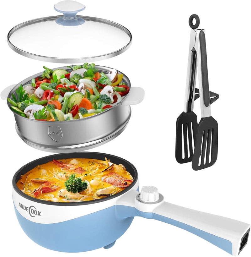 Audecook Hot Pot Electric,Mini Electric Skillet Portable Nonstick Sauté Pan with Power Adjustment, Rapid Ramen Cooker Travel Multicooker Electric Pot for Steak/Soup (G(blue/1.7L with steamer)) - Image 1
