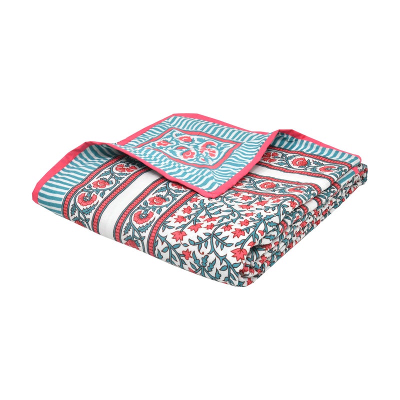 BLOCKS OF INDIA Hand Block Printed Cotton Single Size Reversible Malma Dohar For Summer (Turquoise Pink Jaal, 200 Tc) - Image 3