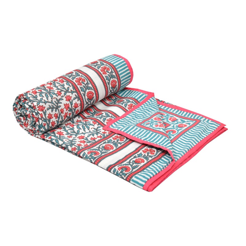 BLOCKS OF INDIA Hand Block Printed Cotton Single Size Reversible Malma Dohar For Summer (Turquoise Pink Jaal, 200 Tc) - Image 1