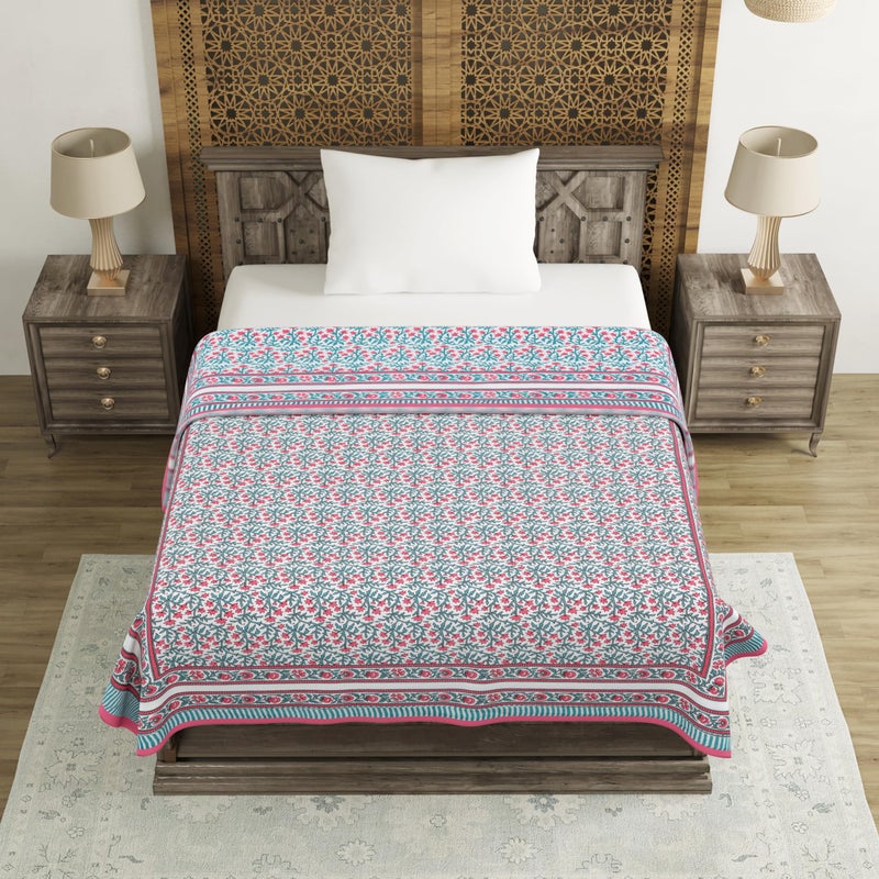 BLOCKS OF INDIA Hand Block Printed Cotton Single Size Reversible Malma Dohar For Summer (Turquoise Pink Jaal, 200 Tc) - Image 2