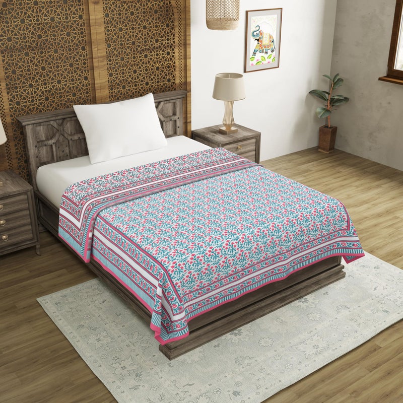 BLOCKS OF INDIA Hand Block Printed Cotton Single Size Reversible Malma Dohar For Summer (Turquoise Pink Jaal, 200 Tc) - Image 5