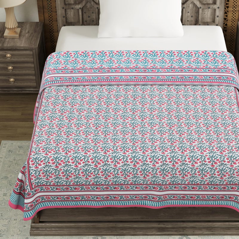 BLOCKS OF INDIA Hand Block Printed Cotton Single Size Reversible Malma Dohar For Summer (Turquoise Pink Jaal, 200 Tc) - Image 4