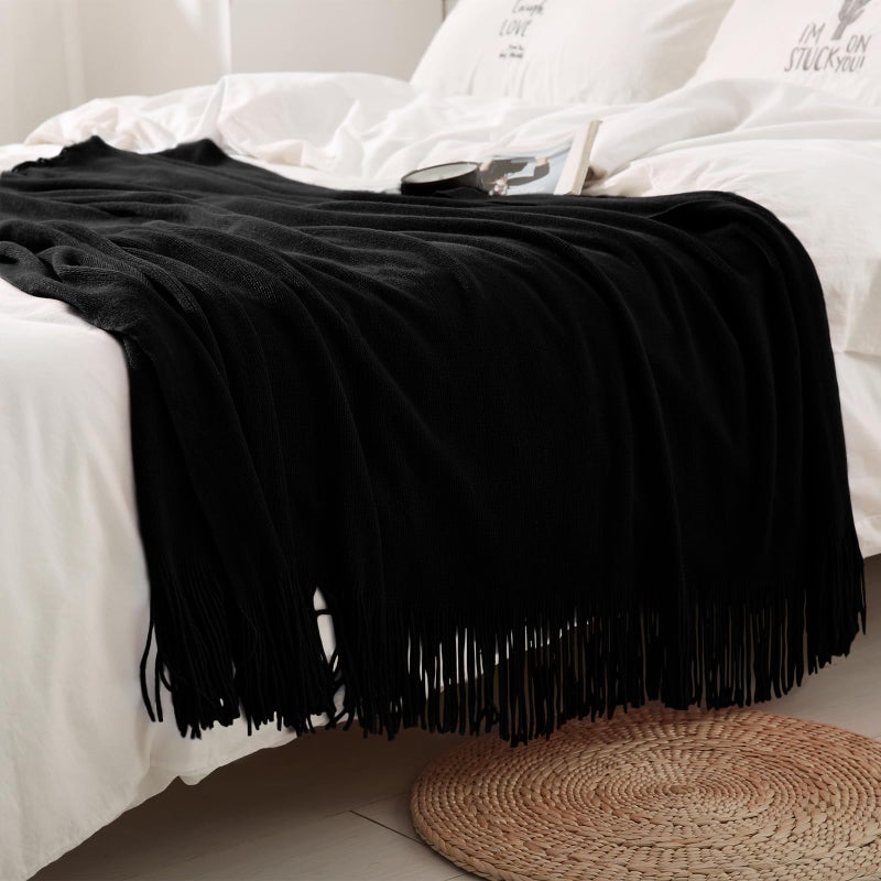 Homiest Decorative Knitted Throw with Fringe, Lightweight Acrylic Knit, Soft Tassel for Couch, Sofa, Bed (Black, 50 x 60 Inch) - Image 2
