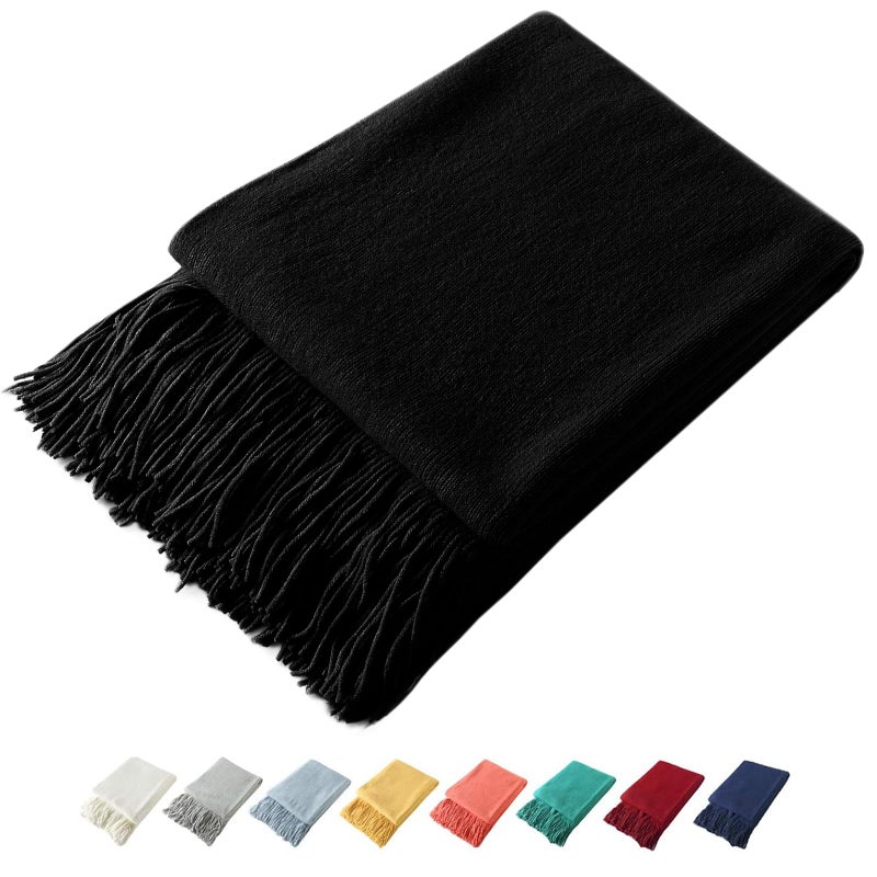 Homiest Decorative Knitted Throw with Fringe, Lightweight Acrylic Knit, Soft Tassel for Couch, Sofa, Bed (Black, 50 x 60 Inch) - Image 1