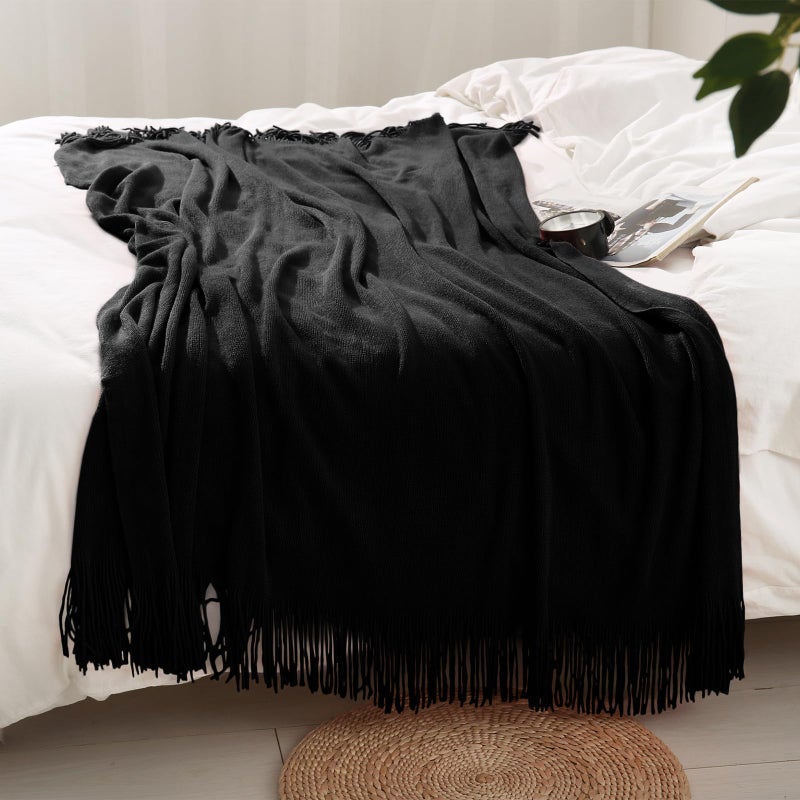 Homiest Decorative Knitted Throw with Fringe, Lightweight Acrylic Knit, Soft Tassel for Couch, Sofa, Bed (Black, 50 x 60 Inch) - Image 3