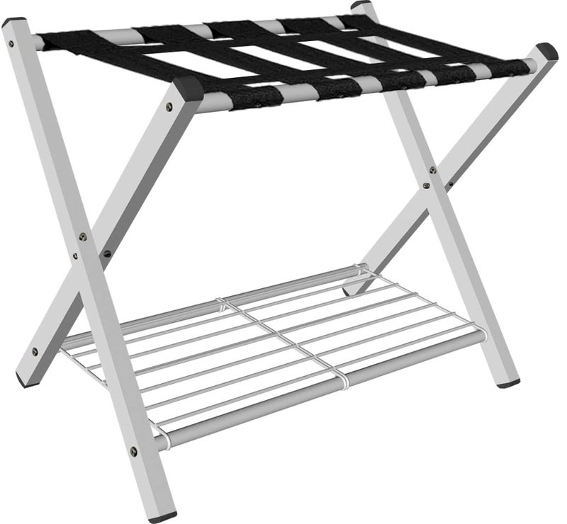 mocomax 1 Pack Folding Luggage Rack for Guest Room Foldable Suitcase Stand Holder with Metal Storage Shelf for Bedroom Living Room Hotel Essentials Heavy Duty Steel Frame White