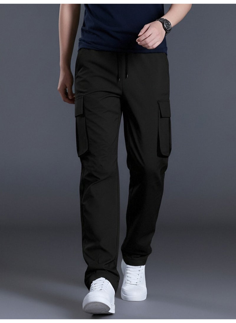 بنطلون رجالي أسود كارغو، متعدد الجيوب، فضفاض، برباط، ساق مستقيمة، بنطلون كاجوال - Image 3