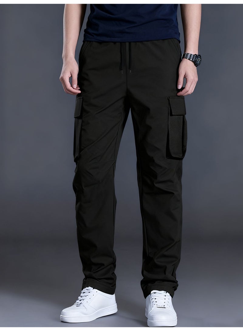 بنطلون رجالي أسود كارغو، متعدد الجيوب، فضفاض، برباط، ساق مستقيمة، بنطلون كاجوال - Image 1