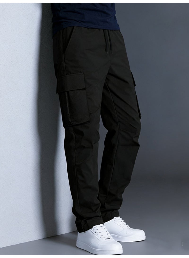 بنطلون رجالي أسود كارغو، متعدد الجيوب، فضفاض، برباط، ساق مستقيمة، بنطلون كاجوال - Image 2