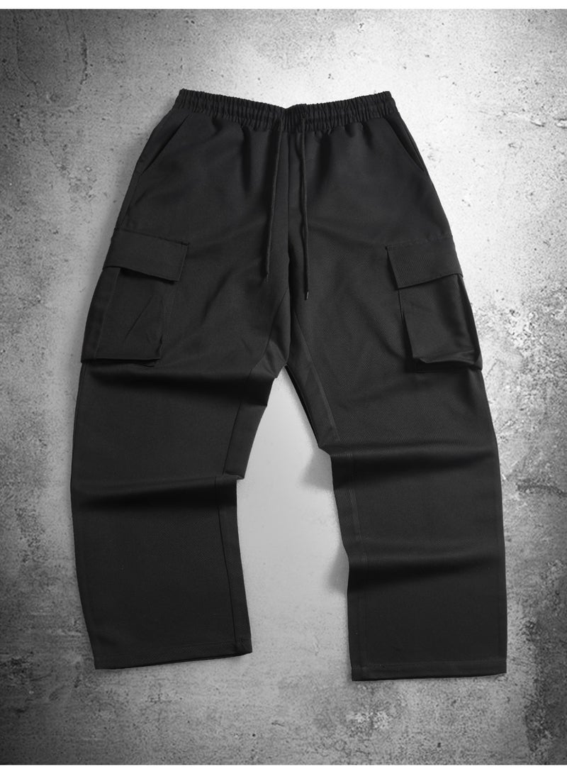 بنطلون رجالي أسود كارغو، متعدد الجيوب، فضفاض، برباط، ساق مستقيمة، بنطلون كاجوال - Image 5