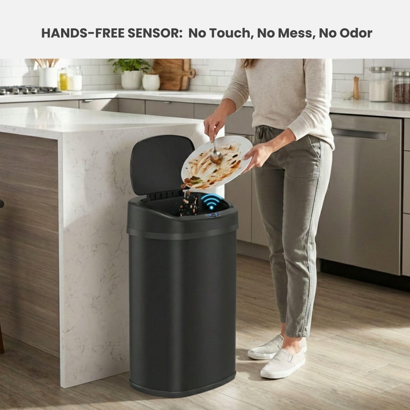 iTouchless 13 Gallon Oval Automatic Garbage Can with Odor Filter, 50L Touchless Kitchen Wastebasket, Smart Hands-Free Motion Sensor Lid, Fingerprint-Proof, Soft-Close, Modern Matte Black Finish - Image 2