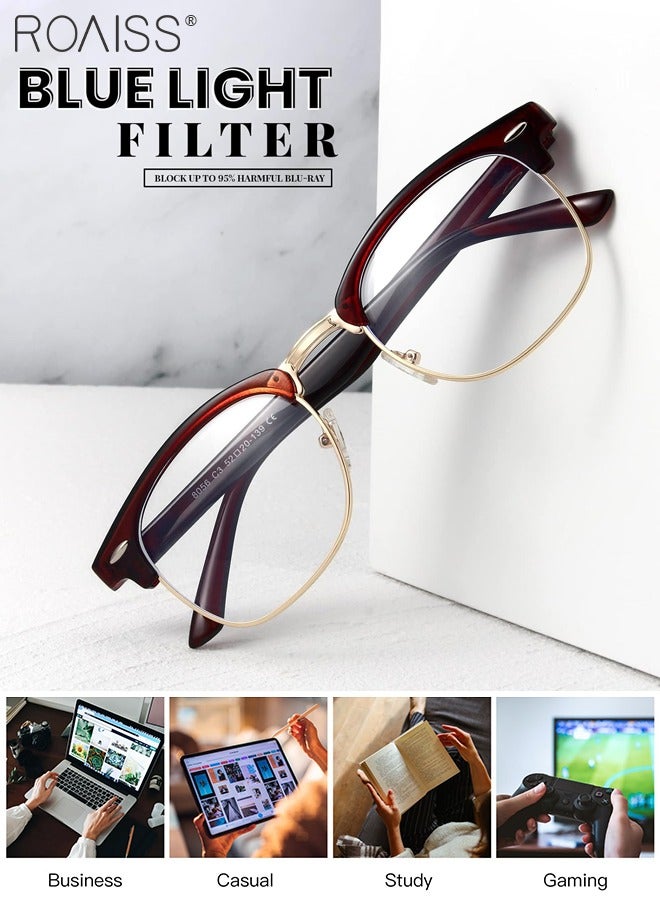 roaiss Retro Semi Rimless Blue Light Blocking Glasses Blue Light Filter Computer Reading Gaming TV Phones Square Eyeglasses Fashion Anti Eyestrain Headache Eyewear for Men Women Brown Gold 50mm - Image 3