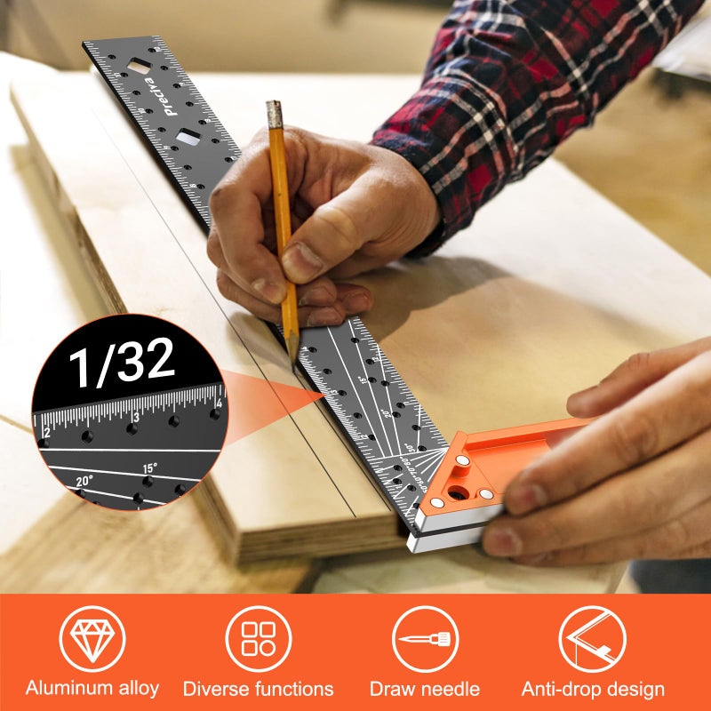 Preciva 12â€ Woodworking Square Ruler - Preciva Right Angle Ruler Carpenter Square Layout Tool, Features Stainless Steel Blade, Retractable Ledge, 1/16â€ and 1/32â€ Notch Spacing and Multi-Angle Scribe Mark - Image 2