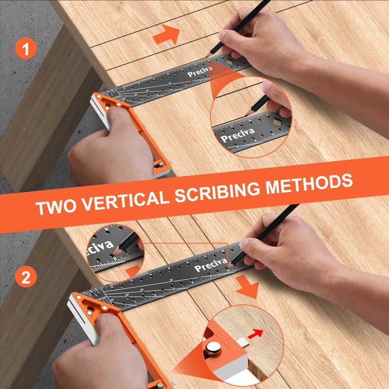 Preciva 12â€ Woodworking Square Ruler - Preciva Right Angle Ruler Carpenter Square Layout Tool, Features Stainless Steel Blade, Retractable Ledge, 1/16â€ and 1/32â€ Notch Spacing and Multi-Angle Scribe Mark - Image 3