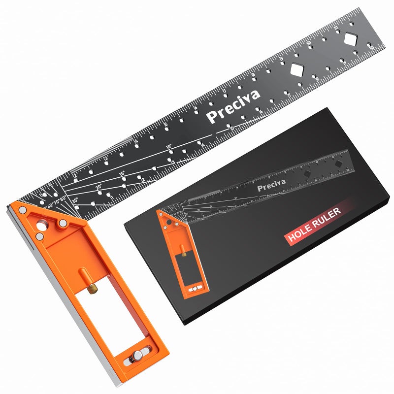 Preciva 12â€ Woodworking Square Ruler - Preciva Right Angle Ruler Carpenter Square Layout Tool, Features Stainless Steel Blade, Retractable Ledge, 1/16â€ and 1/32â€ Notch Spacing and Multi-Angle Scribe Mark - Image 1