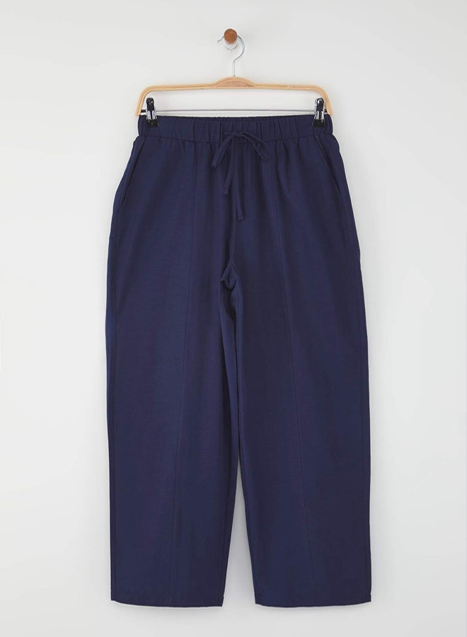 trendyol Navy Blue Matte Textured Elastic Waist Trousers - Image 5